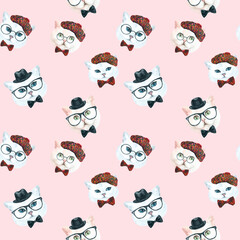 Obraz premium Watercolor cat pattern, cute fabric design for kids, pink background seanpless pattern, scrapbooking,wallpaper,wrapping, gift,paper, for clothes, children textile,digital paper, repeating background