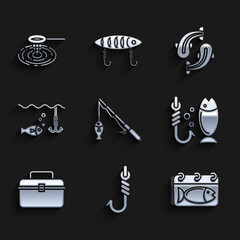 Set Fishing rod and fish, hook, Calendar with, Case or box container for wobbler gear fishing equipment, under water, and net icon. Vector