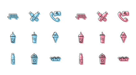 Set line Bottle of water, Popcorn in cardboard box, Sushi on cutting, Hotdog sandwich with mustard, Paper glass drinking straw, Ice cream waffle cone, Glass lemonade and Crossed bottle icon. Vector