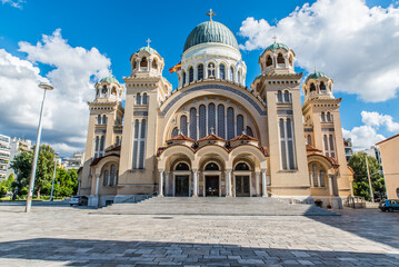 Agios Andreas the landmark church and the metropolis of Patras on a beautiful day with perfect sky color and few clouds, Achaia, Peloponnese, Greece