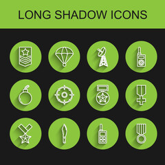 Set line Military reward medal, knife, Chevron, Walkie talkie, Target sport for shooting competition, and icon. Vector