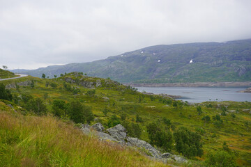 Fototapeta na wymiar Die wunderschöne Landschaft entlang der alten Haukelivegen Touristenstraße in Norwegen an einem etwas nebligen Tag im Sommer