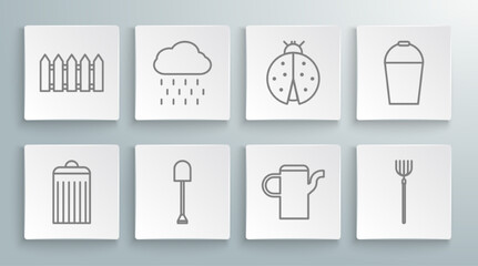 Set line Trash can, Cloud with rain, Shovel, Watering, Garden pitchfork, Ladybug, Bucket and fence wooden icon. Vector