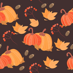 Seamless pattern with pumpkins and autumn leaves, hand drawn vector illustration. Fall or autumn seamless vector pattern with pumpkins.