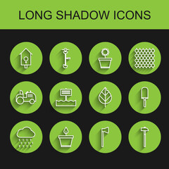 Set line Cloud with rain, Plant pot, Retro wall watch, Wooden axe, Hammer, Blank wooden sign board, Garden trowel spade or shovel and Leaf icon. Vector