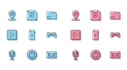 Set line Microphone, Power button, Digital media play with location, Retro audio cassette tape, Smartphone, mobile, Gamepad, Play in square and Floppy disk for computer data storage icon. Vector