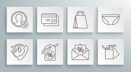 Set line Telephone 24 hours support, Discount percent tag, Envelope with an interest discount, Blank label template price, Paper shopping bag, Underwear and Create account screen icon. Vector