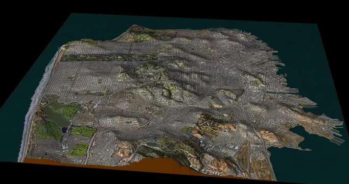 San Francisco south to north map with 3d relief 4K satellite ground height