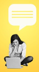 Positive young woman use laptop computer