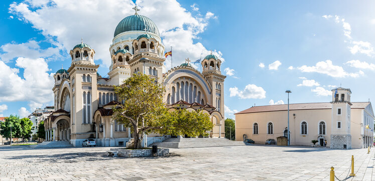 Agios Andreas the landmark church and the metropolis of Patras on a beautiful day with perfect sky color and few clouds, Achaia, Peloponnese, Greece