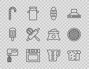 Set line Electric mixer, Bread toast, loaf, Oven, Christmas candy cane, Kitchen whisk rolling pin, Measuring cup and Homemade pie icon. Vector