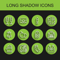 Set line Christmas mitten, Vinyl player with vinyl disk, Glass of champagne, stocking, Champagne bottle, Tangerine, Interior fireplace and Price tag Sale icon. Vector