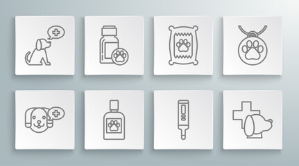 Set line Veterinary clinic symbol, Dog medicine bottle, Medical digital thermometer, Bag of food for dog, Collar with name tag and icon. Vector