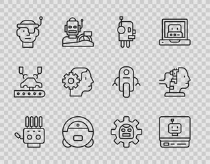 Set line Mechanical robot hand, Robot, vacuum cleaner, Smart glasses, Humanoid, and for maintenance icon. Vector