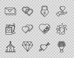 Set line Church building, Bouquet of flowers, Castle the shape a heart, Diamond, Envelope with Valentine, Two Linked Hearts, Amour symbol and arrow and Music note, tone hearts icon. Vector