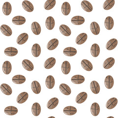 Coffee beans seamless pattern. Brown realistic beans on white background. Flat style. Design for cards, wallpaper, poster, banner. Vector illustration.