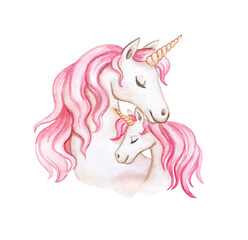 Obraz na płótnie Canvas Unicorns mother and baby with pink mane isolated on white background. Watercolor, illustration. Template
