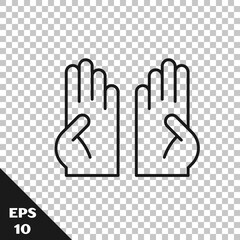 Obraz premium Black line Rubber gloves icon isolated on transparent background. Latex hand protection sign. Housework cleaning equipment symbol. Vector