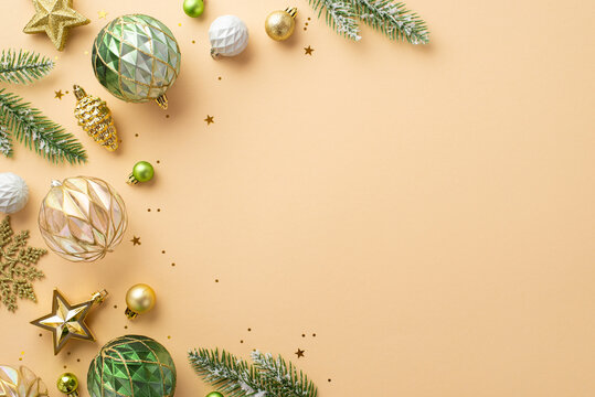 Christmas decorations concept. Top view photo of white transparent gold and green baubles snowflake pine cone star ornaments spruce branches and confetti on isolated beige background with copyspace