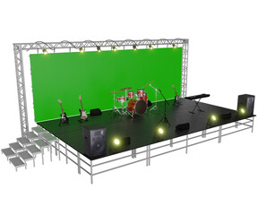 3d rendering concert stage scene with instrument and giant green screen - obrazy, fototapety, plakaty