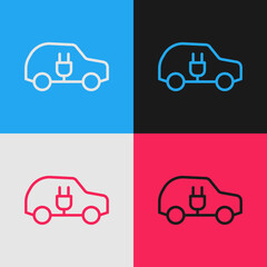 Pop art line Electric car and electrical cable plug charging icon isolated on color background. Renewable eco technologies. Vector