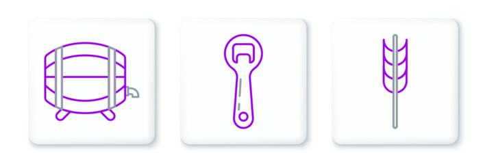 Set line Cereals set with rice, wheat, corn, oats, rye, barley, Wooden barrel on rack stopcock and Bottle opener icon. Vector