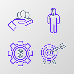 Set line Target with arrow, Gear dollar symbol, User of man in business suit and Project team base icon. Vector