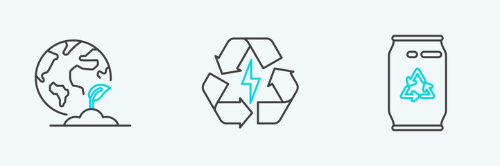 Set line Can with recycle symbol and can, Earth globe plant and Battery icon. Vector