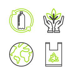 Set line Plastic bag with recycle, Earth globe, Plant in hand of environmental protection and Recycling plastic bottle icon. Vector