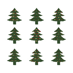 Vector collection of Christmas trees with lights (garland).
