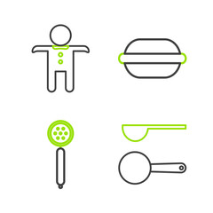 Set line Measuring spoon, Strainer, Macaron cookie and Holiday gingerbread man icon. Vector