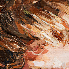 Embossed pasty oil paints and reliefs. Primary colors: brown, ocher, white, yellow, black. Abstract art.