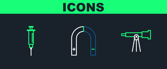 Set line Telescope, Syringe and Magnet icon. Vector