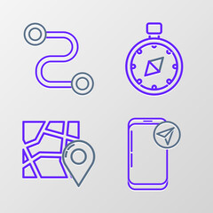 Set line Infographic of city map navigation, Folded with location marker, Compass and Route icon. Vector