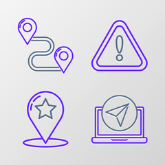 Set line Infographic of city map navigation, Map pointer with star, Exclamation mark triangle and Route location icon. Vector