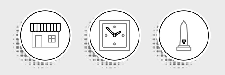Set line Washington monument, Shopping building or market store and Clock icon. Vector