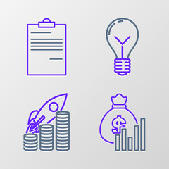 Set line Money bag and diagram graph, Rocket flying up coins growth chart, Light bulb with concept of idea and Document icon. Vector