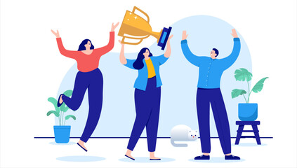 Business winners - Team of happy people winning trophy cup and celebrating in office. Flat design cartoon illustration with white background