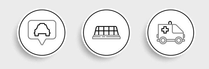 Set line Ambulance and emergency car, Map pointer with taxi and Taxi roof icon. Vector