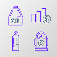 Set line Petrol or Gas station, Industrial gas cylinder tank, Pie chart infographic and dollar and Canister for motor machine oil icon. Vector
