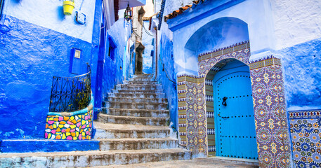 Amazing view of the street in the blue city of Chefchaouen. Location: Chefchaouen, Morocco, Africa....
