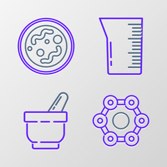 Set line Chemical formula, Mortar and pestle, Laboratory glassware beaker and Bacteria icon. Vector