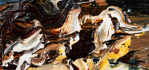 Embossed pasty oil paints and reliefs. Primary colors: brown, ocher, white, yellow, black. Abstract art.