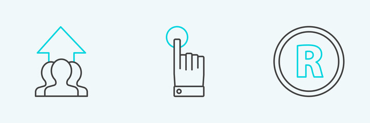 Set line Registered Trademark, Growth chart and progress in people crowd and Hand touch tap gesture icon. Vector