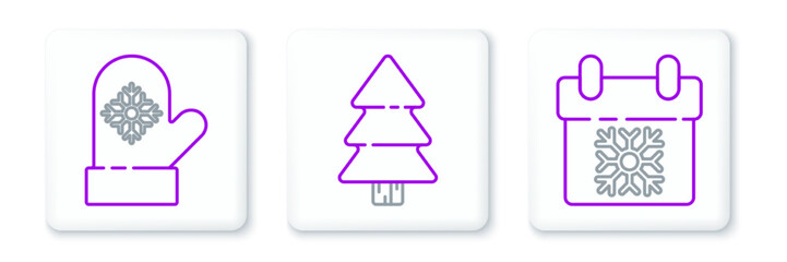Set line Calendar, Christmas mitten and tree icon. Vector