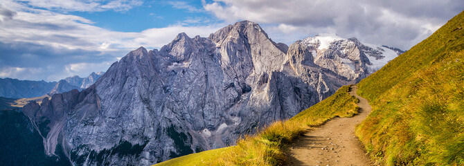 Amazing landscape of Dolomites Alps. Amazing view of Marmolada mountain. Location: South Tyrol, Dolomites, Italy, Europe. Travel in nature. Artistic picture. Beauty world.