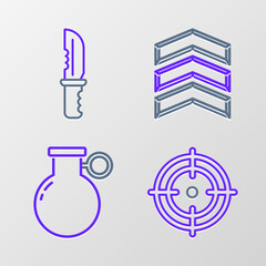 Set line Target sport, Hand grenade, Military rank and knife icon. Vector