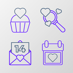 Set line Calendar with heart, Envelope Valentine, Search and love and Wedding cake icon. Vector