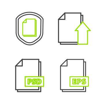 Set line EPS file document, PSD, Upload and Document protection concept icon. Vector