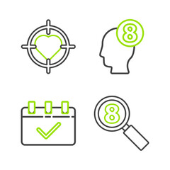 Set line Search 8 March, Calendar with, in human head and Heart the center of target aim icon. Vector